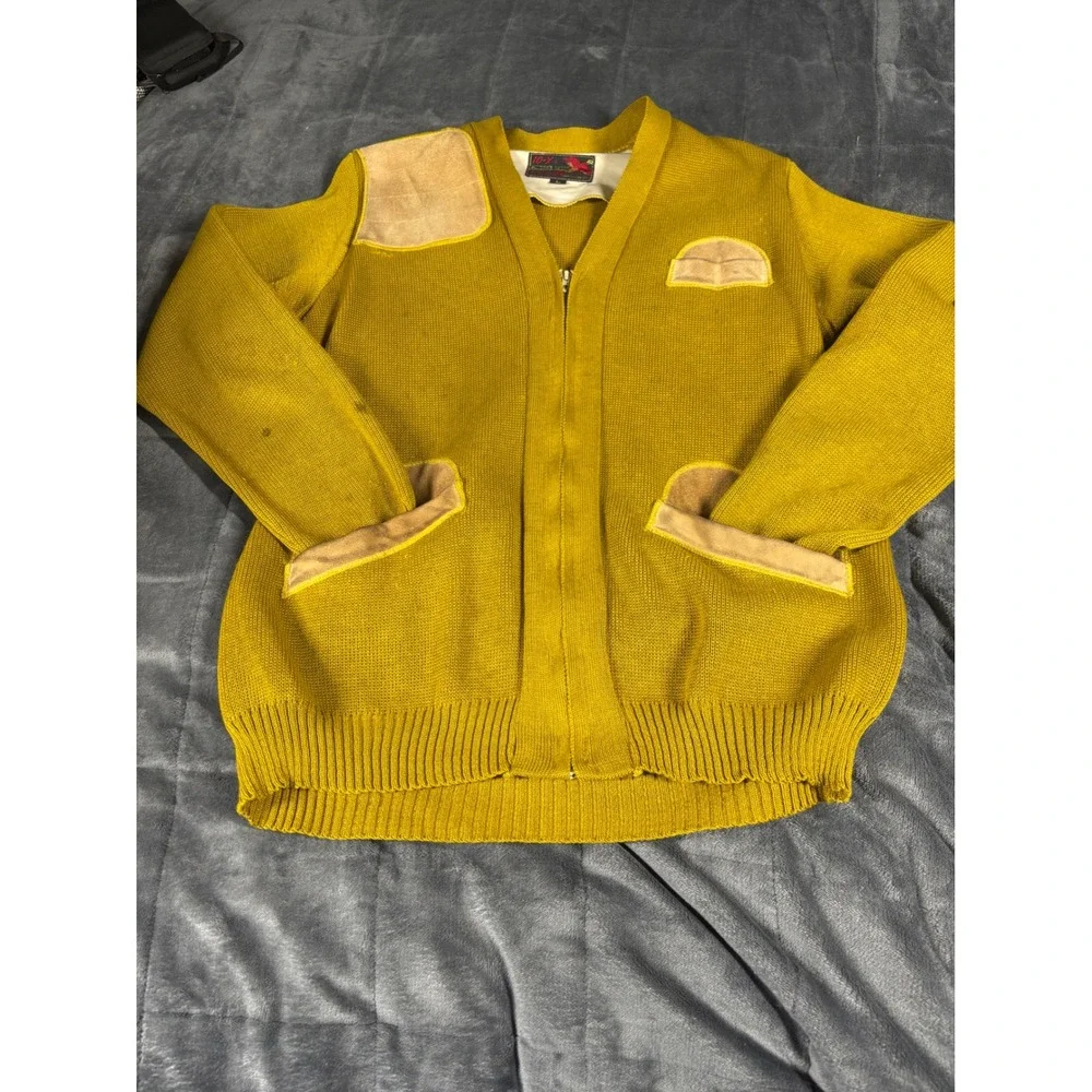 Vintage 10-X Shooting Cardigan Sweater Mustard‎ Yellow Suede Patches Mens Large